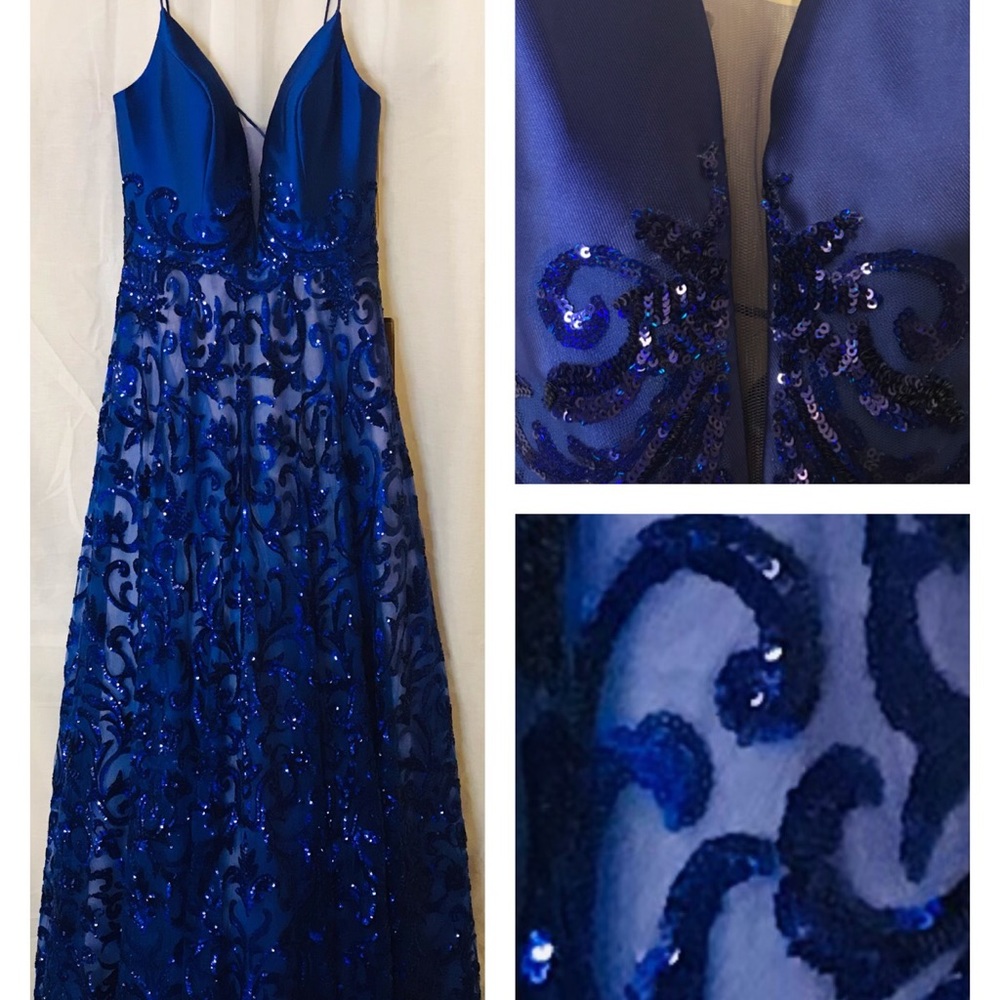 Aspeed Design _New_Royal Blue Sequins Gown with Scarf_Small